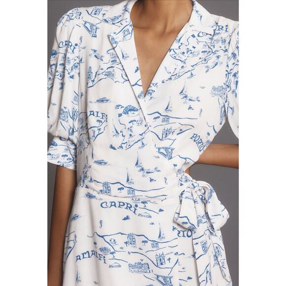 Anthropologie Maeve Short-Sleeve Collared Italian Coast Wrap Mini Dress Medium - Picture 2 of 12